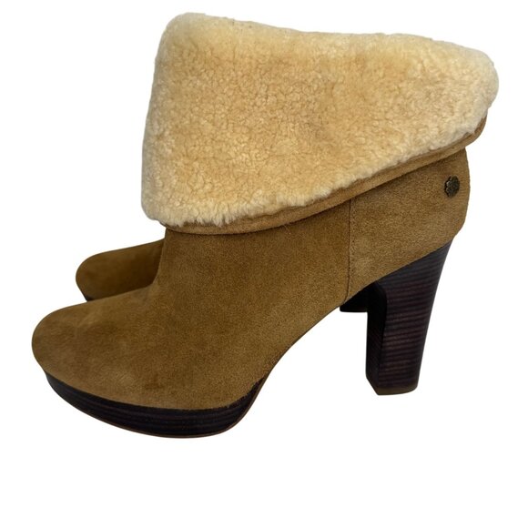 UGG Tan Suede High Heel Boots With Shearling Cuff & Wooden Block Heel Size 7.5 - Picture 4 of 8